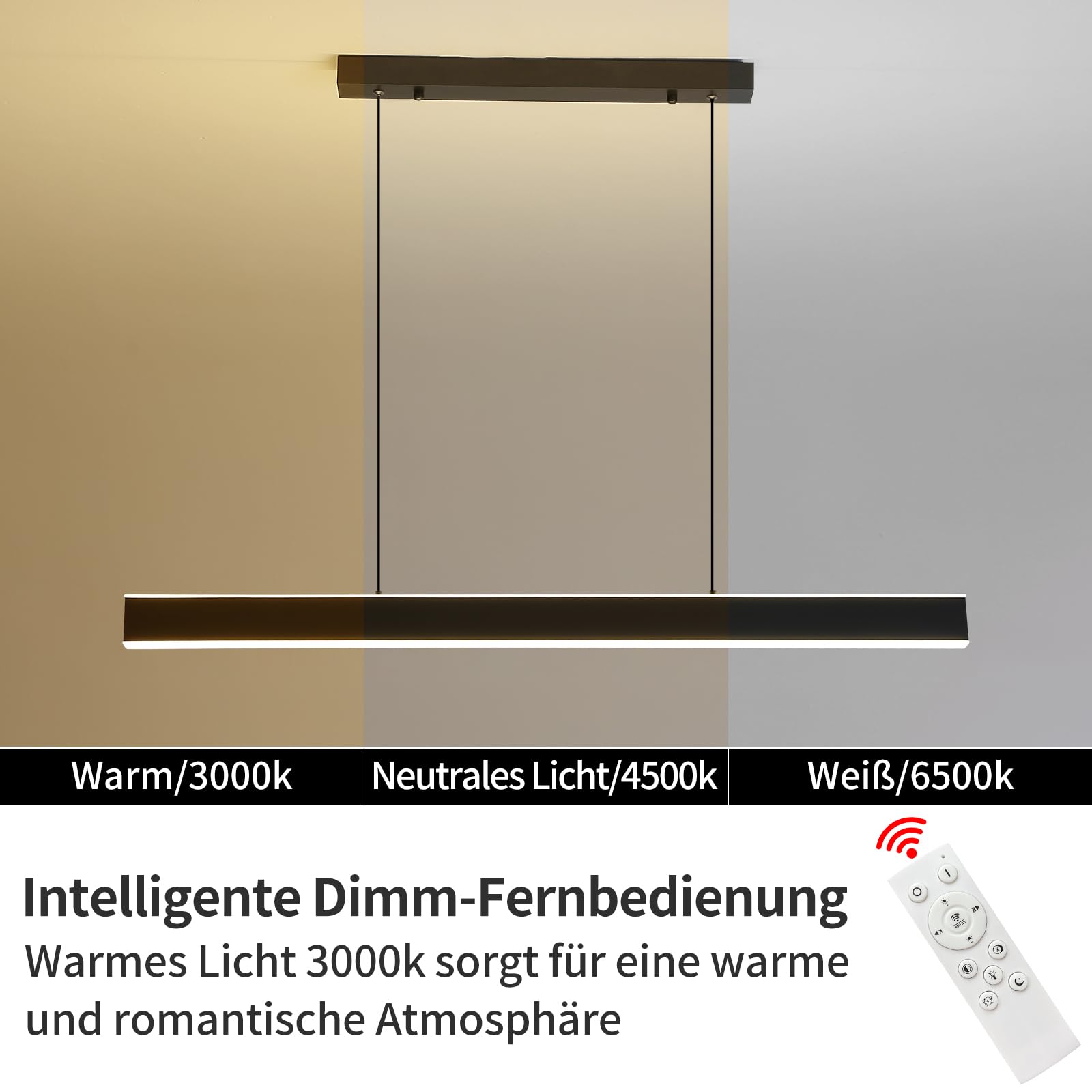 Mikeru 120cm Dimmerabile Moderna Lampada a Sospensione Lampadario Luce 10% -100% Luminosità Regolabile Con Telecomando Lampada a Isola Della Cucina Con 3000K/4500K/6000K 3 Colori per Sala Da Pranzo