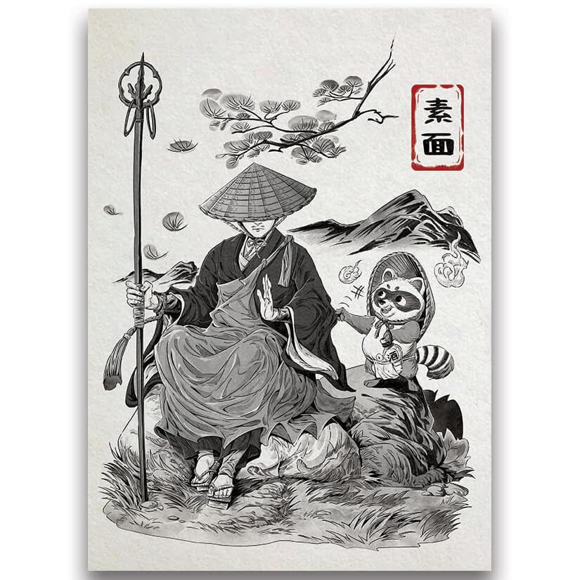 Fantasy North – Monk and The Tanuki – Japanese Inked Yokai Series – 100 Textured Matte TCG Card Sleeves – Fits Magic MTG Commander Pokemon and Other Card Games – Playing Card Sleeves