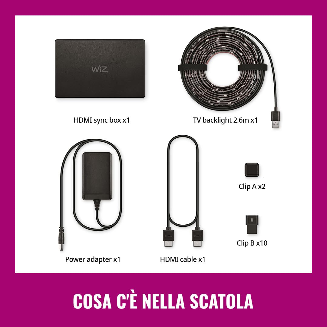 WiZ HDMI Sync Box con retroilluminazione TV, sincronizza la luce con film, giochi e musica, HDMI 2.0, Striscia LED RGBIC per TV da 75-85 pollici, controllo con App, compatibile con Google e Alexa