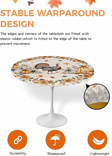 Miniatura 2 de Mantel redondo ajustable de pavo de Acción de Gracias, mantel elástico, impermeable, para interiores y exteriores, mantel elástico para cena,