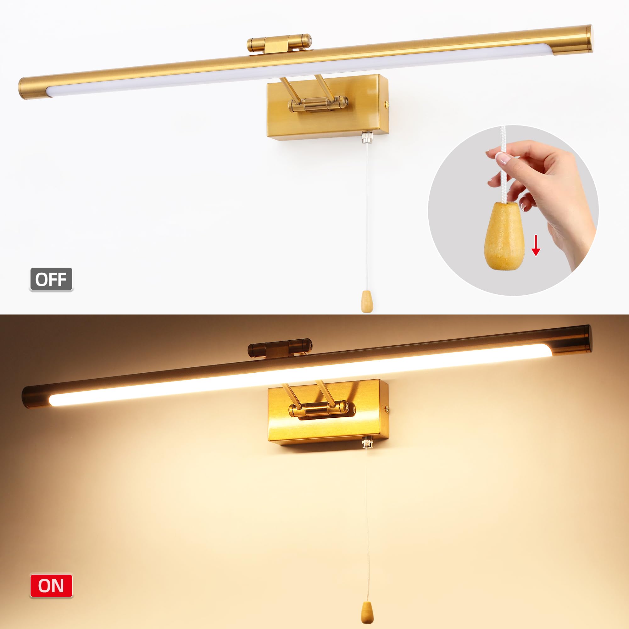 Spiegelleuchte Bad 3000K Bilderlampe mit zugschalter 60cm Messing | Badezimmer Spiegellampe 12W Lampe Spiegel IP44 Wasserdichte Kein Flimmern Modern Schrankleuchte Spiegellampe für das Bad