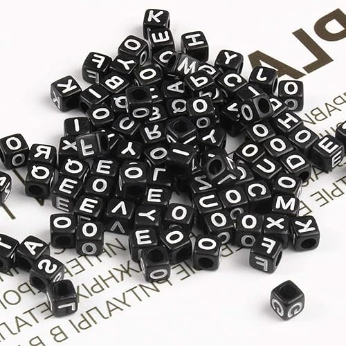 Miniatura 2 de 1200 cuentas del alfabeto de 0.236 x 0.236 pulgadas, cubo negro, cuentas de letras blancas acrílicas, para pulseras y fabricación de joyas