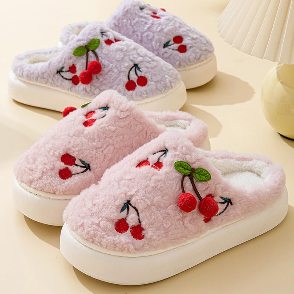 Women Cherry Cute Slippers Indoor Home Cozy Slipper Winter Warm Fuzzy Slippers with Non-Slip Sole On Plush Bedroom Shoes - Image 6