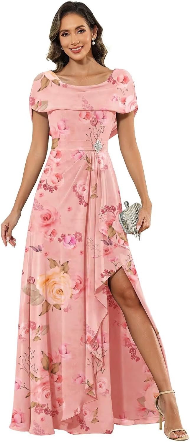 Women's Chiffon Mother of the Bride Dresses Long Scoop Neck Cape Sleeve Evening Formal Dress with Slit