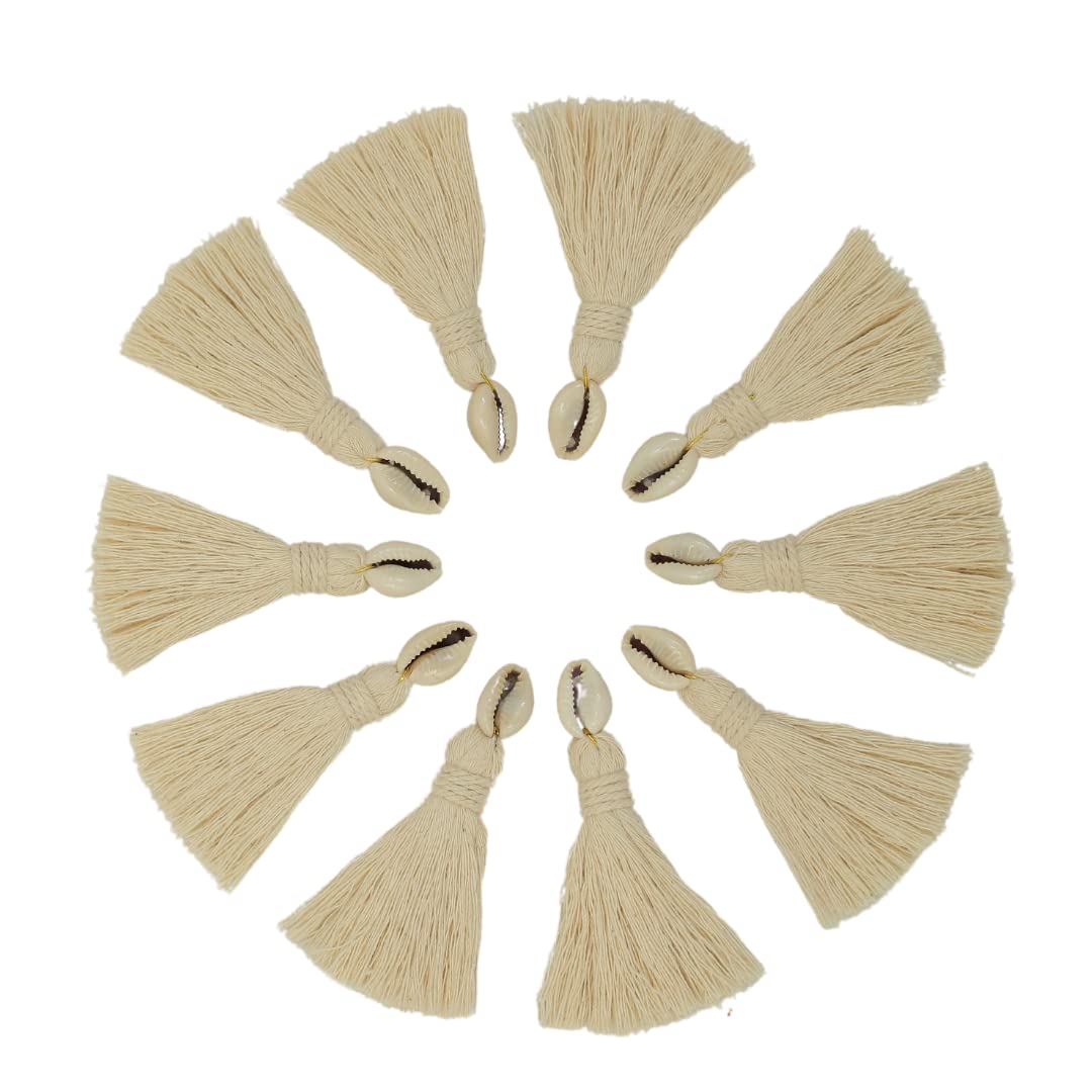 Zippy Flora Handmade Mini Cotton Tassels with Cowrie Shell Embellishments – Pack of 10 | Elegant Off-White Boho Decorative Tassels for Saree, Blouse, Dupatta, Lehenga Borders, Home Décor 2