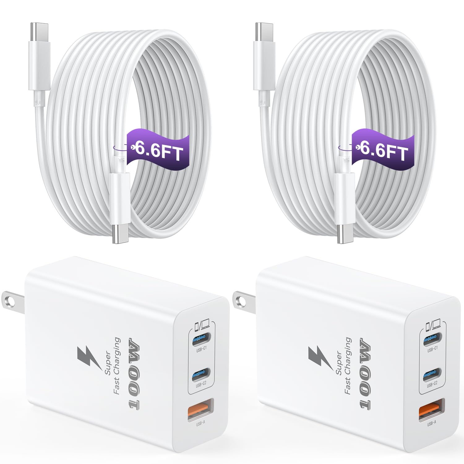 USB C Charger Block 100W, 3-Port GaN Super Fast Charger, Type C Wall Charger Adapter with 6.6ft USB C Charging Cable for MacBook Pro/Air,iPad Pro,