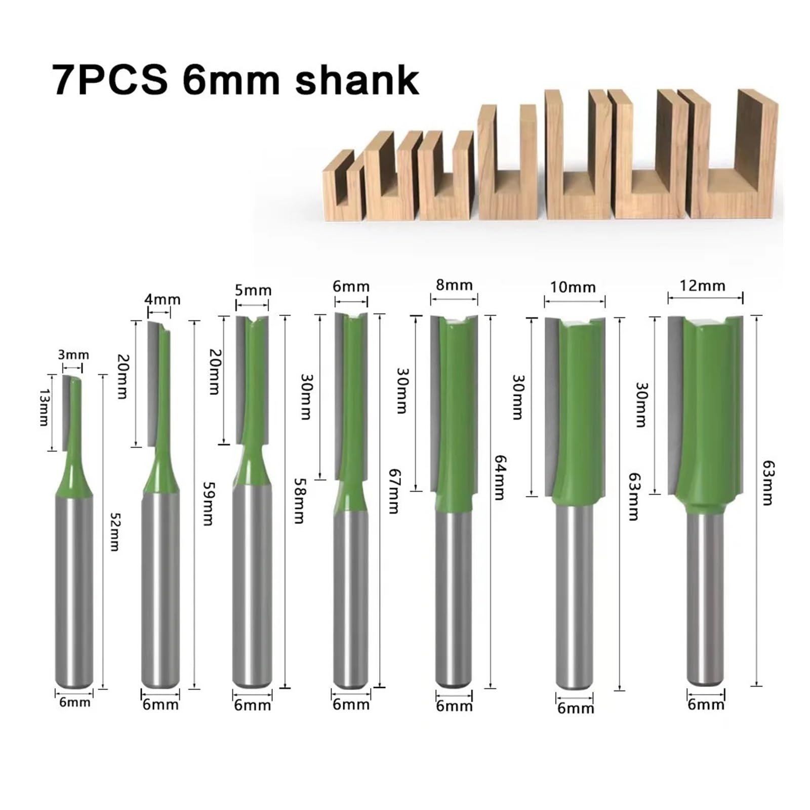 7 Uds 6mm/1/4 ''vástago broca recta carburo de tungsteno broca enrutadora de doble flauta fresa de madera for herramienta de carpintería nuevo(7Pcs 6mm)