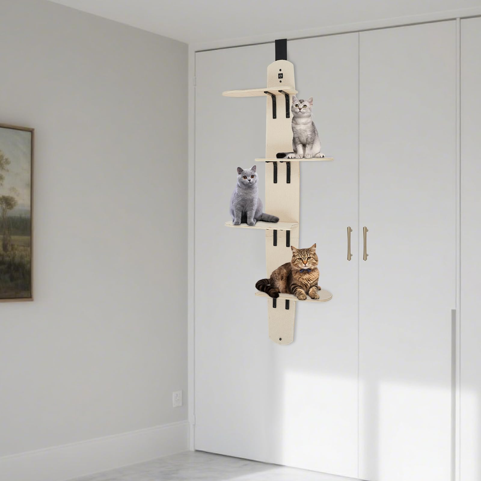 Rascador para puerta de gato de 4 niveles, 170,9 cm, madera y crema | El montaje en puerta ahorra espacio en el suelo y crea lugares de escalada y descanso para gatos.