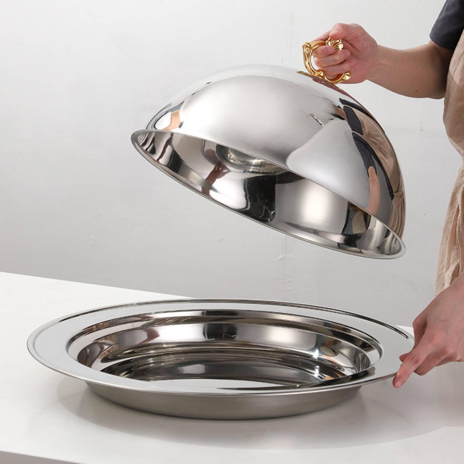 rockible Vassoio Acciaio Inox con Coperchio Domed Cupola Manico Oro Piatto da Portata Resistente Funzionale Adatto per Servizio Tavola Hotel Catering Ristorante Buffet, Oro