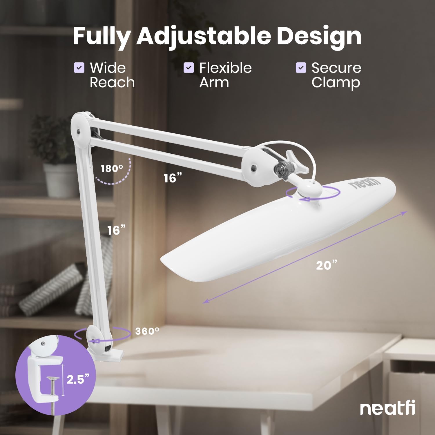 Neatfi XL 2200 Lumens 24W LED Desk Lamp with Clamp - Shadow-Free Task Lighting | 4-Level Dimming | Home Office & Crafts Use | 20-Inch Wide Head (Non-CCT, White)