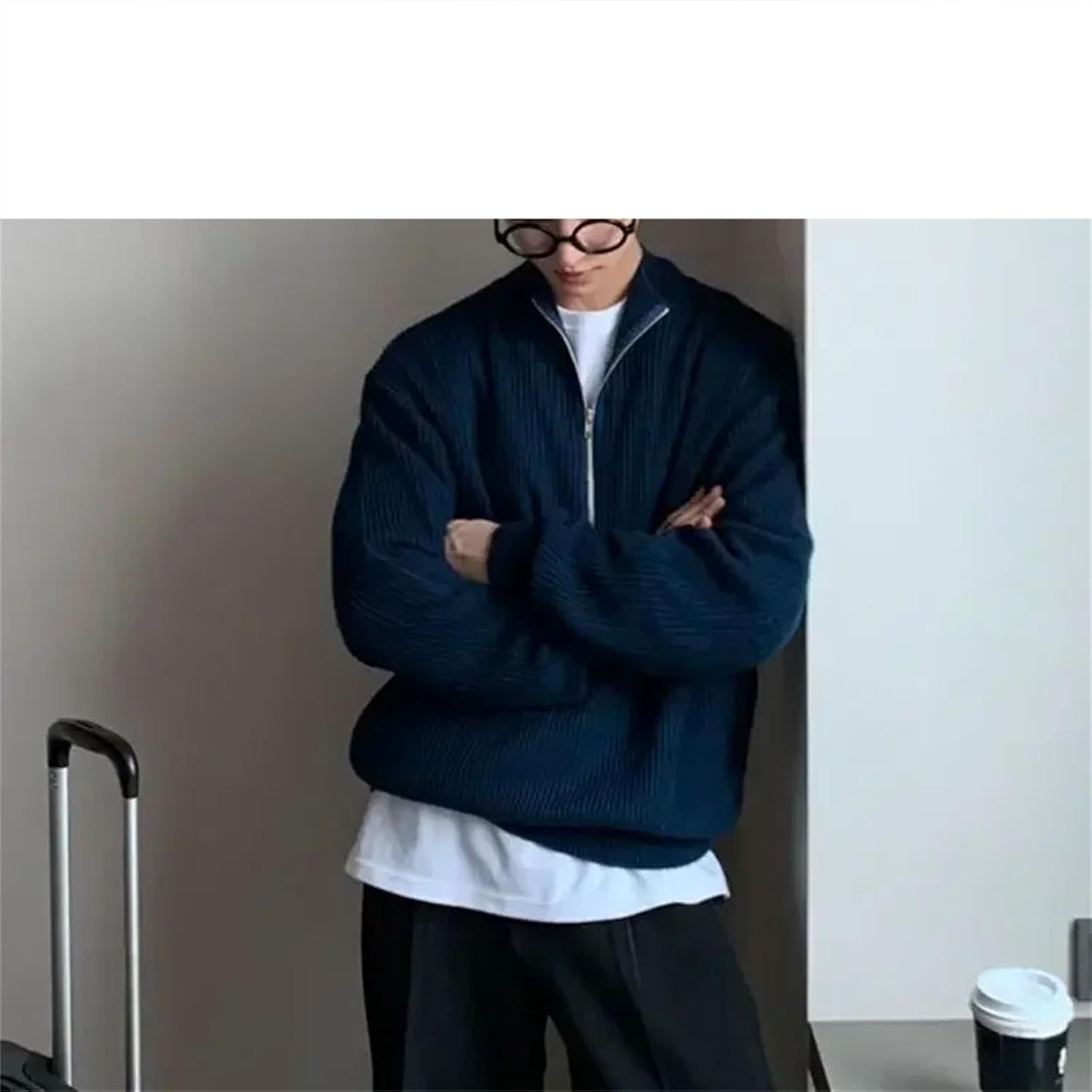 Men's Pullovers Black Knit Sweater Zip-up Coat Jacket Collared Warm Spring Neck Cotton Coats