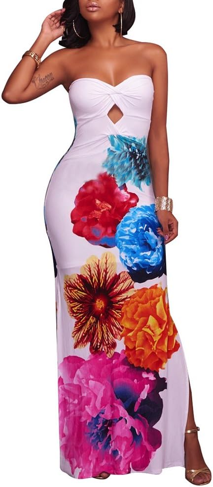 LightlyKiss Wrap Chest Off Shoulder Floral Print Bodycon Summer Long Sexy Party Maxi Ladies Dress White