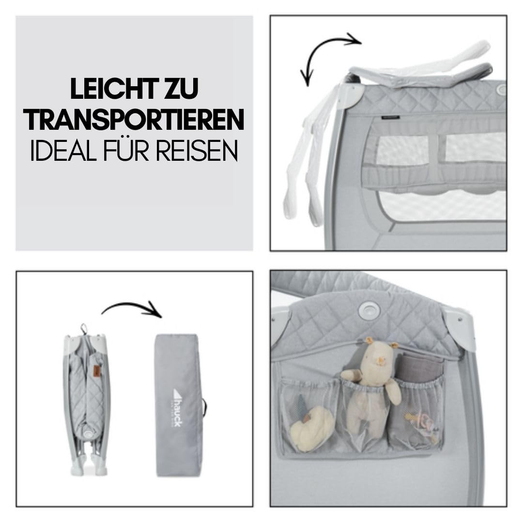 hauck Reisebett Play N Relax Center mit Wickelauflage, höhenverstellbar und seitlichem Einstieg - Quilted Grey
