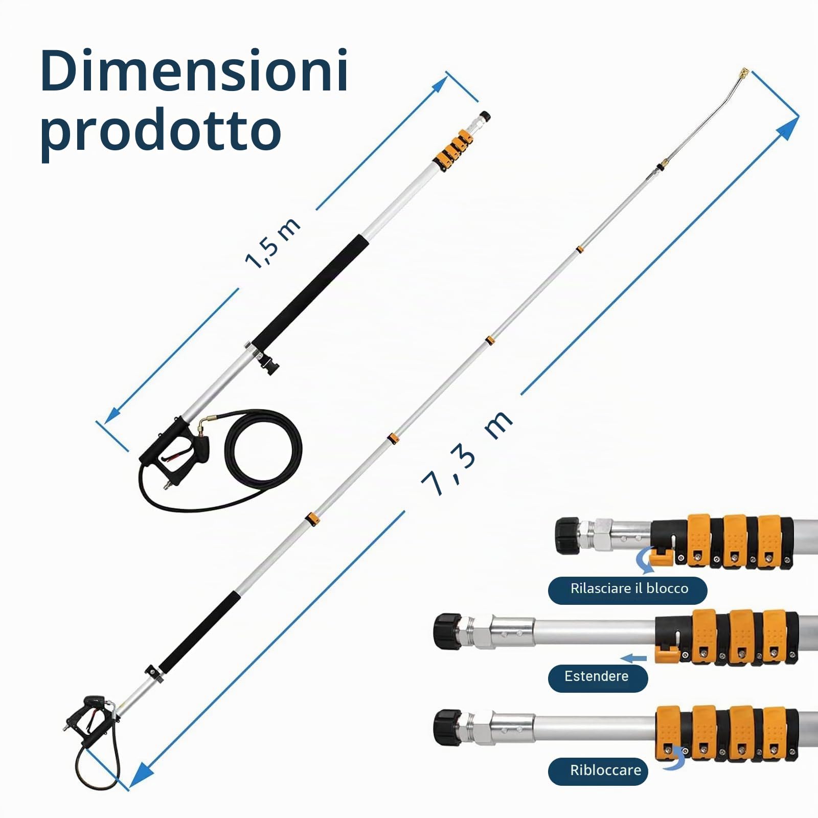 Kit di prolunga telescopico per idropulitrice da 6,1 m, kit con 7 ugelli a spruzzo, testina, pulitore per grondaie, 2 adattatori per tubi e cintura di supporto