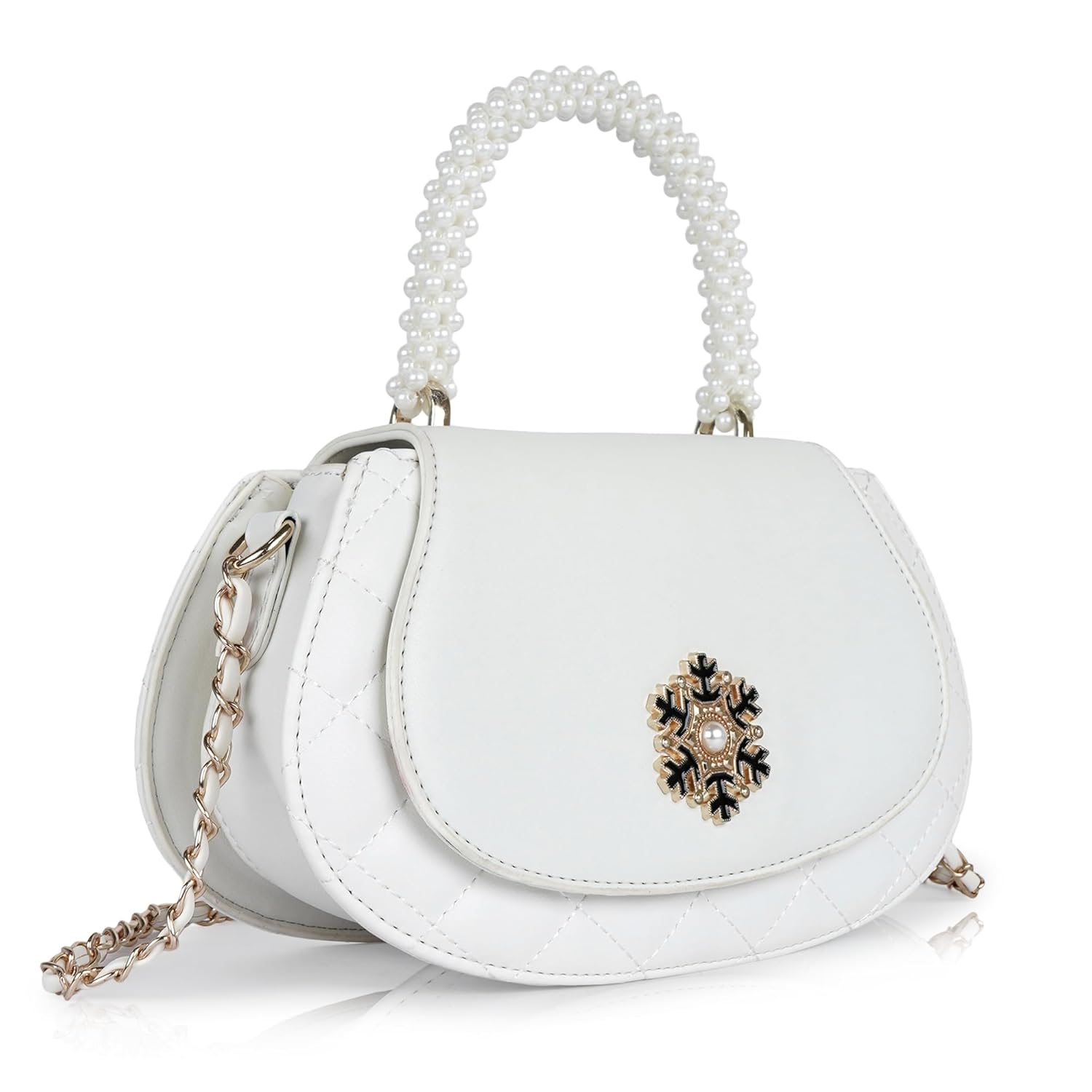 Lady Quinton Elegant Crossbody Bag with Pearl Handle, Snowflake Embellishment