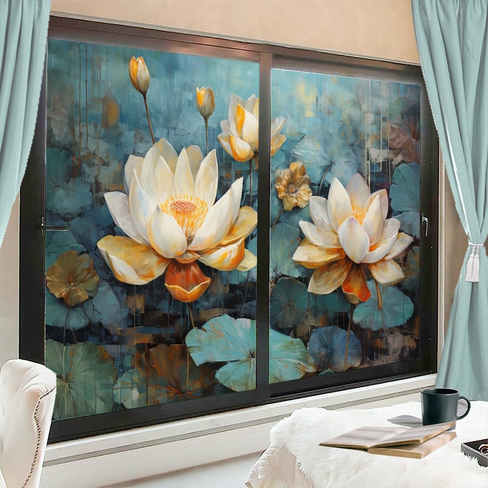 Pellicola per finestre rustica con fiore di loto in fiore, per la privacy rurale, non adesiva, decorativa, statica, per casa e ufficio, 70 x 120 cm, 2 pezzi