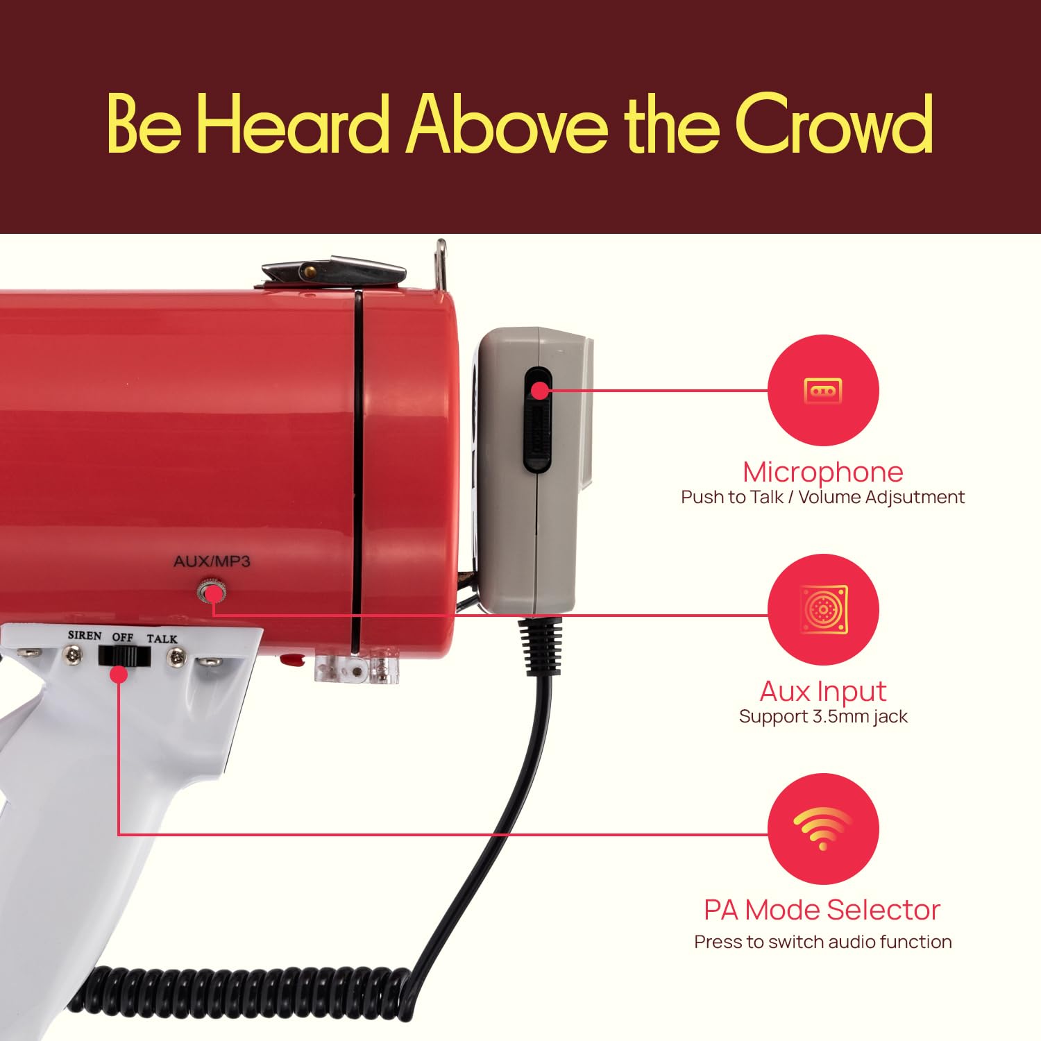 Pyle Altavoz megáfono portátil Bullhorn de 50 W, Sirena de Alarma, Volumen Ajustable hasta 1700 Yardas, Entrada Auxiliar, reproducción USB/TF, Ligero, para Actividades en Interiores y Exteriores