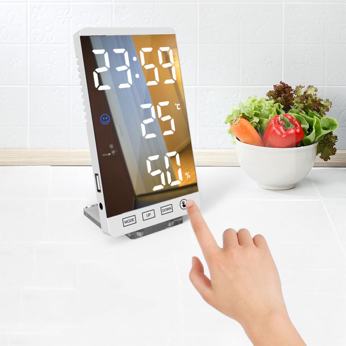 Toddmomy Orologio Digitale LED Bianco con Specchio e Display Ore | Ricarica Usb, Termometro e Igrometro Integrati, Plastica e Acrilico, Stile Semplice per Ogni Ambiente