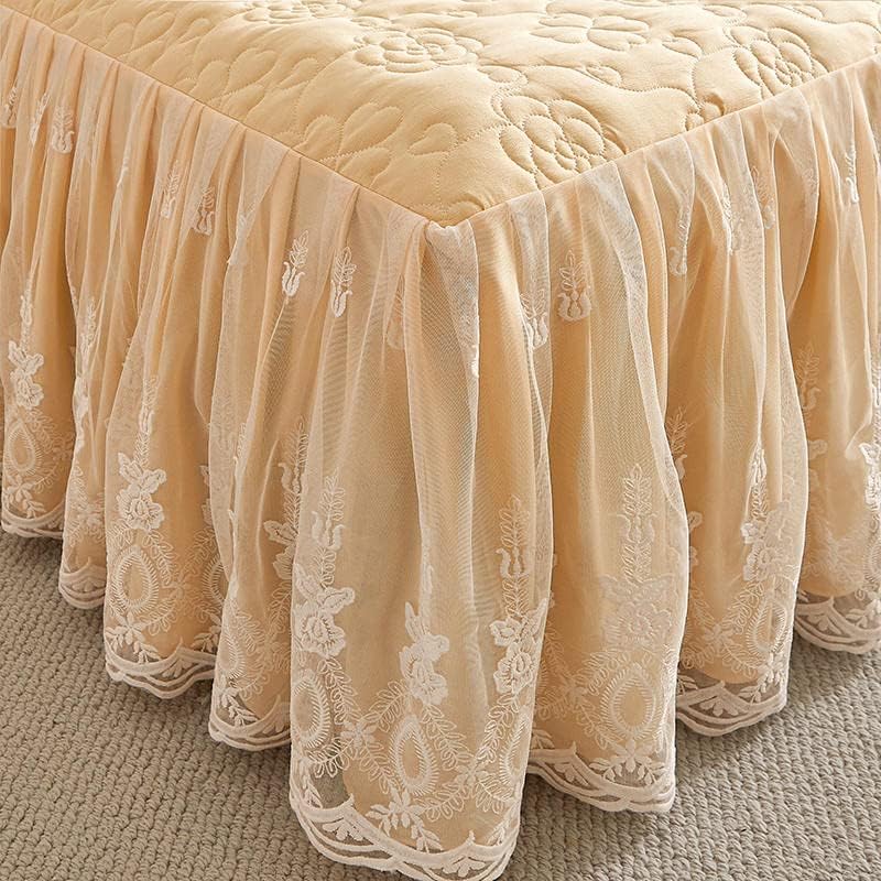 Miniatura 5 de Flower Pattern Quilted Brocade Cotton Bedspread with Lace Ruffled Bed Skirt, Queen Size, Light Yellow