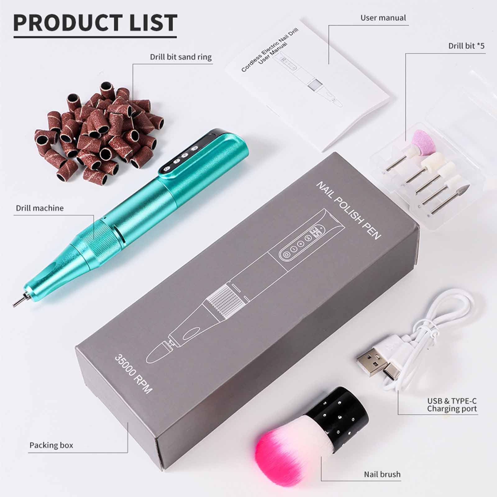 35000 obr./pm Piftowanie paznokci USB, Penowanie Pióra Profesjonalnego Manicure Professional Manicure Remover z 5 wiertarkami i paznokci