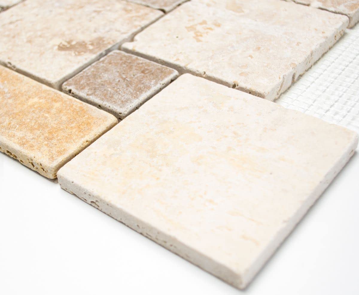 Carrelage mosaïque travertin pierre naturelle beige marron travertin tumbled pour sol, mur, salle de bain, WC, douche, cuisine, miroir de comptoir, revêtement de baignoire