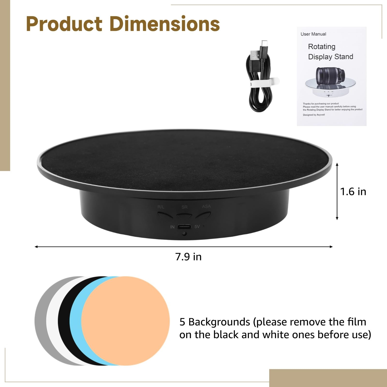 Motorisierter rotierender Displayständer, elektrischer 360° Drehteller mit schwarzer Samtoberfläche, Einstellbarer Geschwindigkeit und Winkel, 5 farbige Hintergründe, 7,9 Zoll
