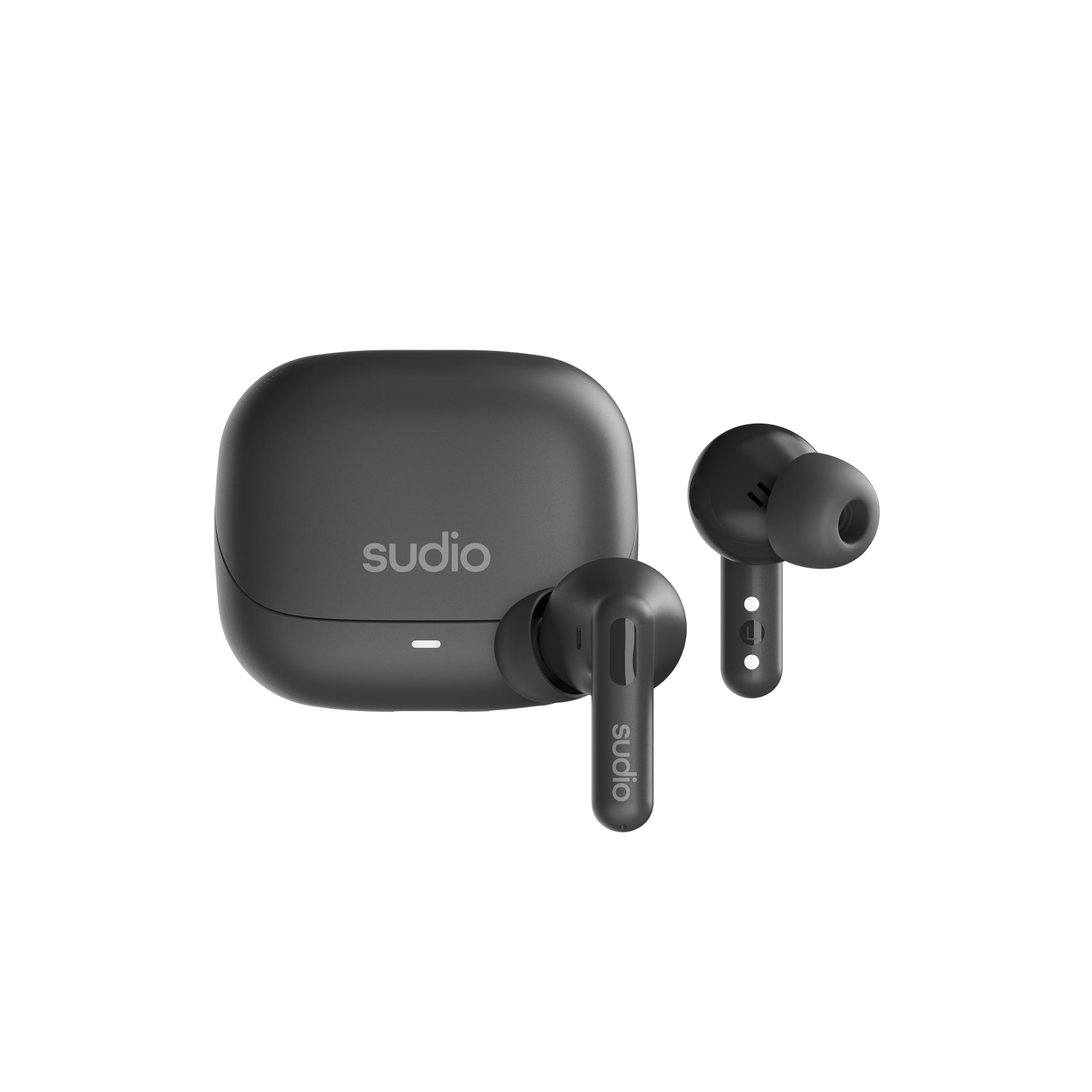 Front and back view of the Sudio C8 earbuds, showing the Sudio logo and charging contacts.