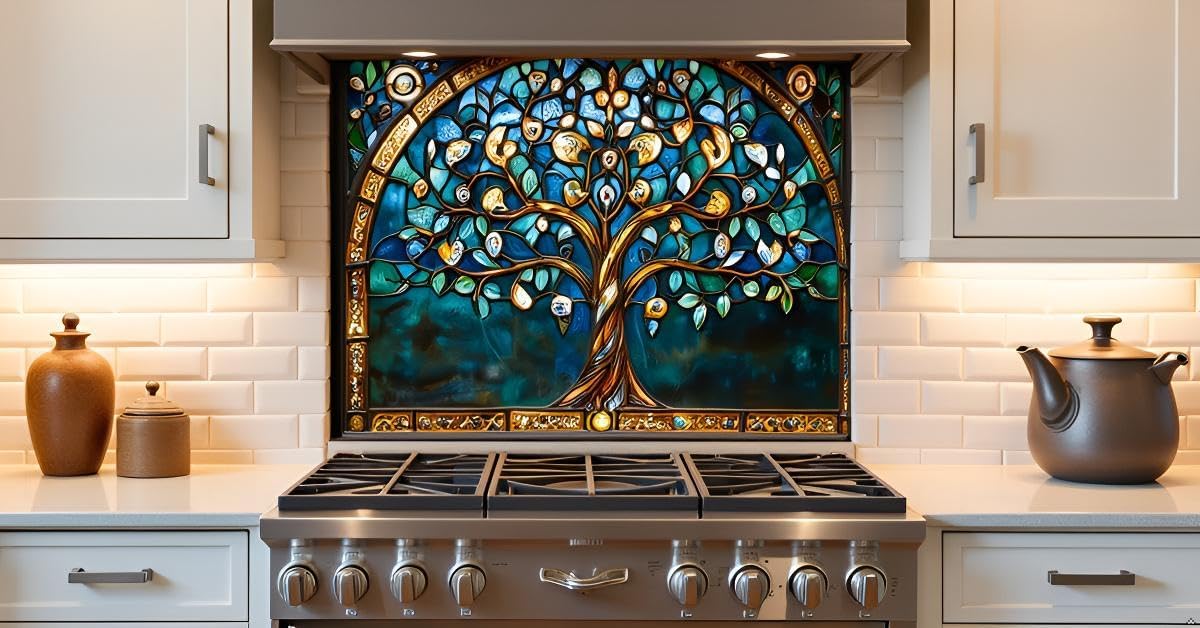 LMSDYSHU Tree of Life‘’Tempered Glass Backsplash for Kitchen, Frameless, Stove Backsplash Protector for Wall,Easy to Clean, Home Decor (Bohemia, 30"x18")