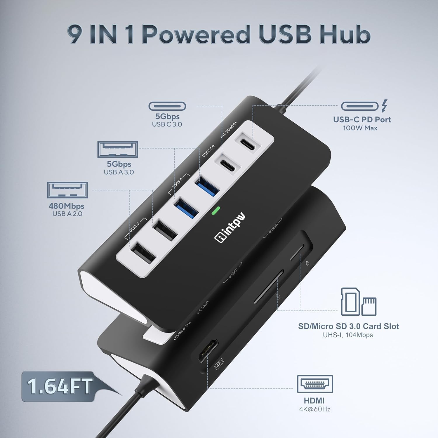 INTPW Hub USB C P9, adaptateur multiport USB 9 en 1 avec HDMI 4K, PD 100 W, USB-C et 2 USB A 3.0 5 Gbit/s, 2 USB A 2.0, lecteur de cartes SD/TF, hub USB alimenté en aluminium pour PC, iPhone 16/15