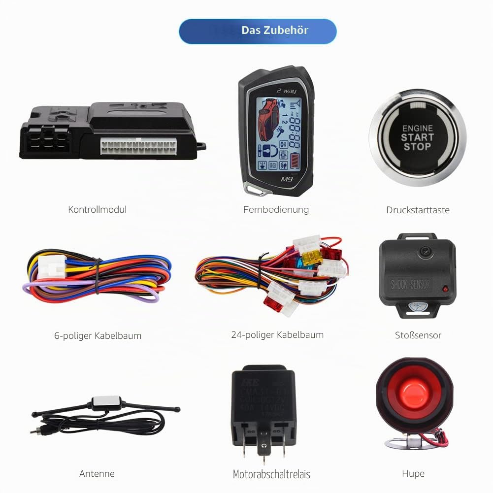 EASYGUARD EC207-M9-SR 2-Wege-Auto-Alarm-Sicherheitskit mit LCD-Pager-Display, Druck-Start-Taste, Fernbedienung, Motorstart, mit Sirene, DC12 V