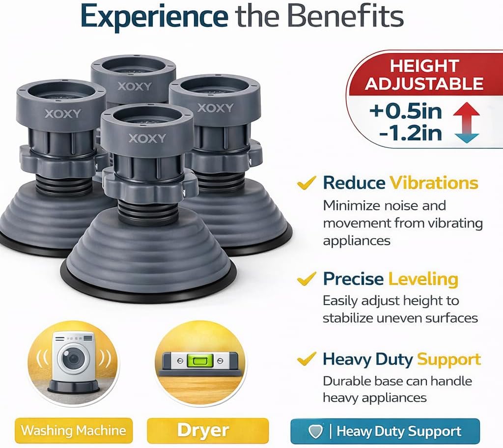 XOXY Upgraded Anti-Vibration Pads – Extra-Large Adjustable Feet for Washer, Dryer & Refrigerator – Shock Absorbing, Noise Cancelling & Pads for Maximum Stability Washing Machine Stand (Pack of 4)