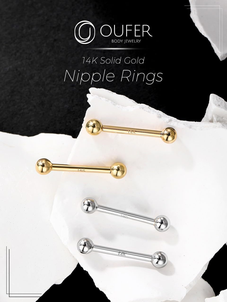 OUFER Gold Nipple Rings - 2 Pack 14G Nipple Barbells, 14K Solid Gold Jewelry for Women and Men