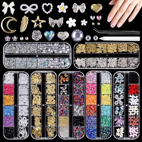 Solivive Lot de 7 Boîtes Strass Ongle Nail Art avec Bijoux Ongles, Nail Art Décorations 3D- avec Stylo à Cire pour Strass et Pinces à épiler