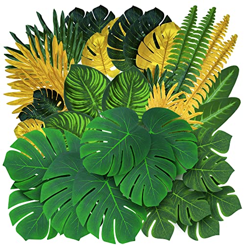 Palm Leaves For Decoration Jungle Theme - 108 Set Of 19 Types Artificial Tropical Gold And Green Monstera Supplies - Fake Faux Leaf Plant For Safari Hawaiian Party Banana Decor Birthday Placemats #TOP4