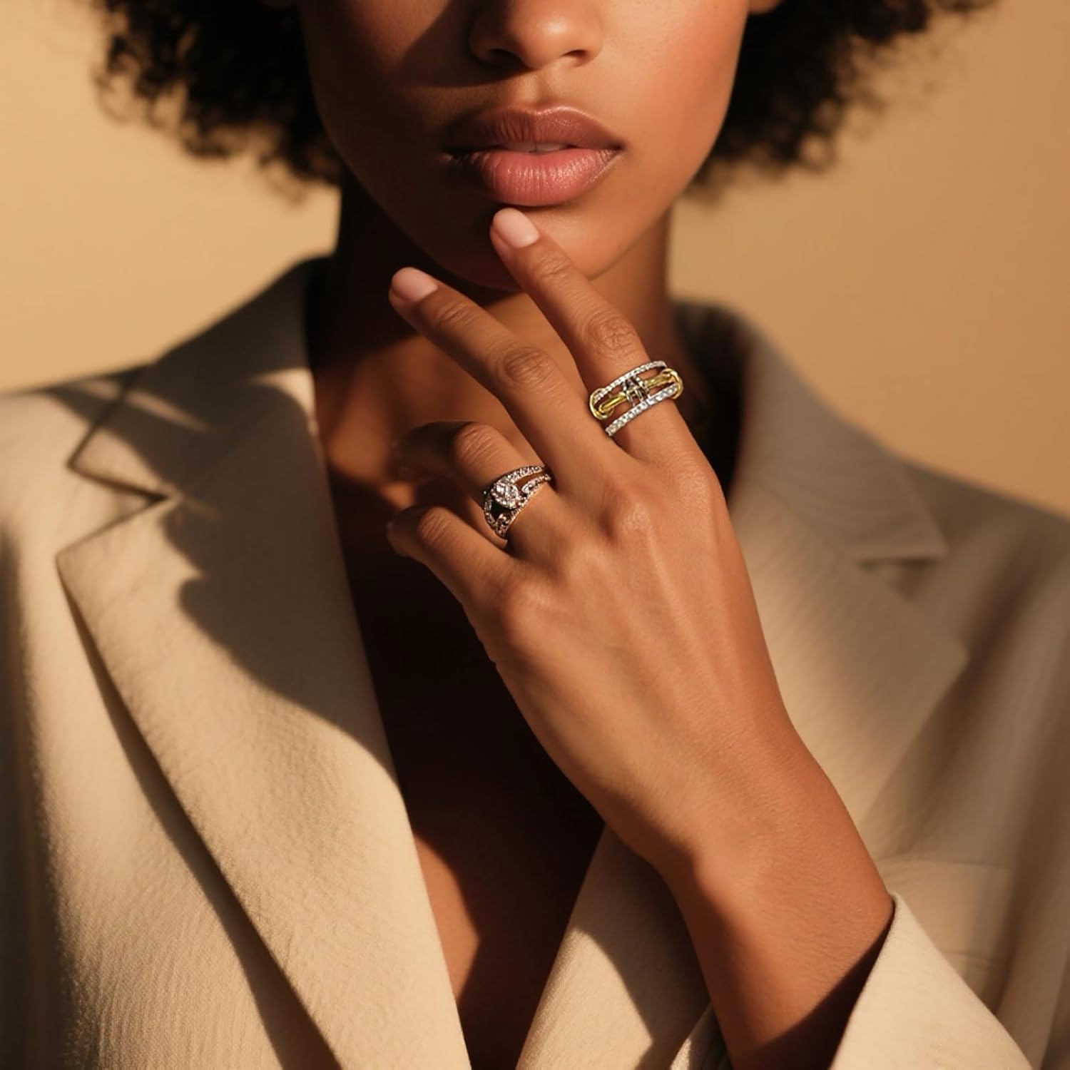 14K Gold Plated Interlocked Stackable Rings for Women Non Tarnish,Gold and Silver Cubic Zirconia Statement Rings Set,Mixed Metals Ring Two-Toned Connected Bands Stacking Jewelry - Image 5