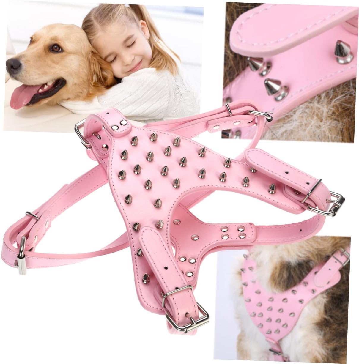 Kisangel Spike Studded Pu Dog Harness for Terriers Pink Pet Vest Chest Neck Flexible Material for Comfortable Movement