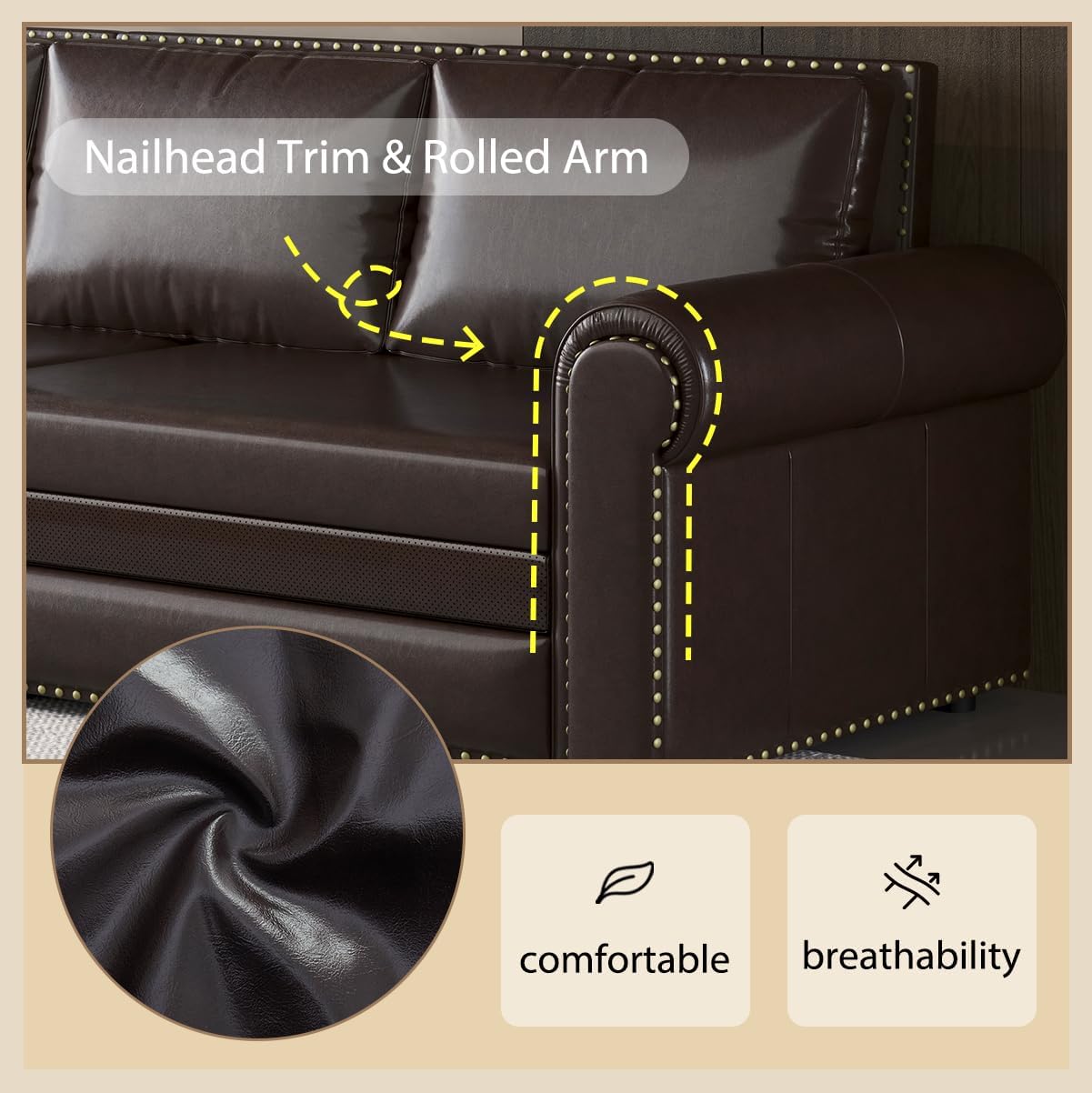 King Size Sofa Bed, 3-in-1 Faux Leather Convertible Sleeper Sofa, Pull Out Sofa Fold Couch Bed with 2 Pillows for Living Room, Bedroom, Apartment, Office (Dark Brown)