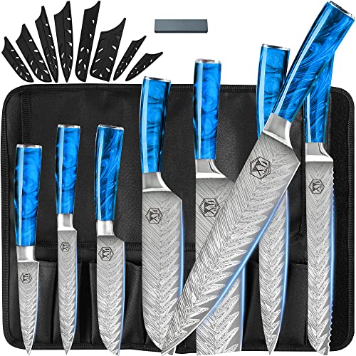 Xyj Professional Kitchen Knife Set Vein Pattern 8" 7" 5" 3.5" Chef Knives Set With Carry Case Bag & Sheath 8 Pieces Cooking Knife Tools (Blue) #TOP13