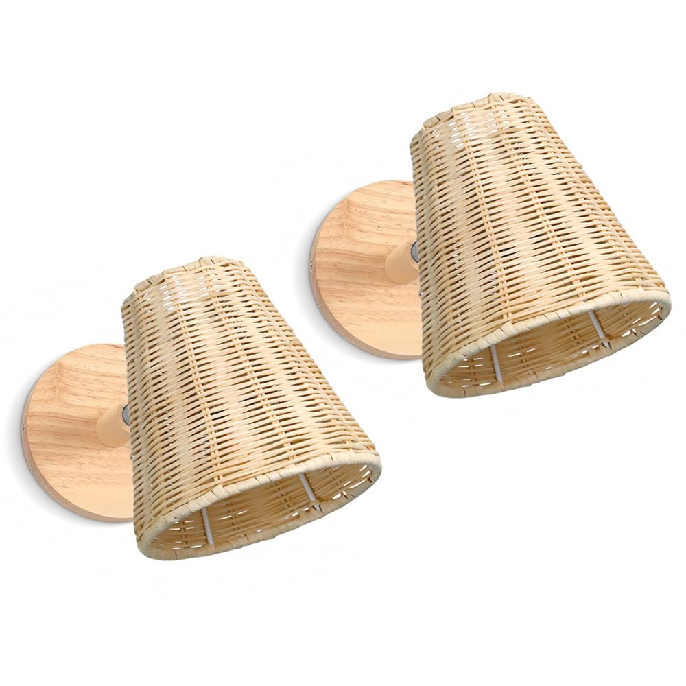 LIGKIN 2 Piezas Lámparas de Pared Tejidas a Mano E27 Aplique de pared Vintage Pantalla de Aplique de Bambú Iluminación Interior Madera para Sala de estar, Dormitorio, Pasillo