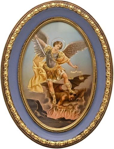 Arte religioso en tono dorado ovalado y marco azul colocado en cualquier superficie plana de tu hogar gran regalo católico para la primera comunión