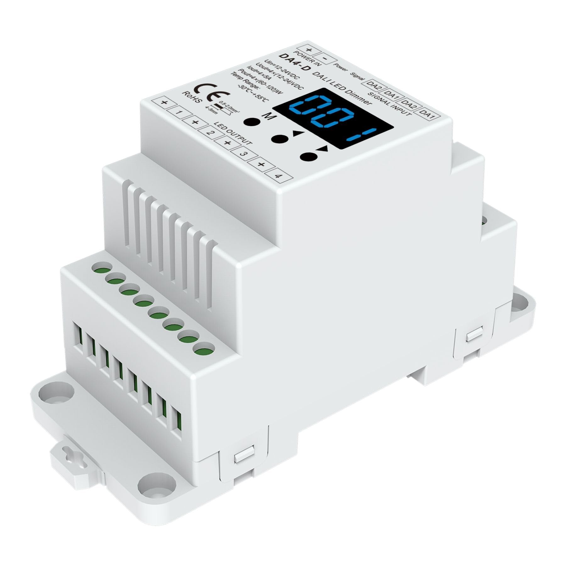 Ściemniacz LED DALI 4-kanałowy szyna DIN, z cyfrowym wyświetlaczem, możliwość ściemniania AC Push Dim, DALI-2, PWM, 4 adresy, DT6 DT8 do taśm LED CCT RGB RGBW, 4X5A @12V/24V, 4X3A@36V/48V