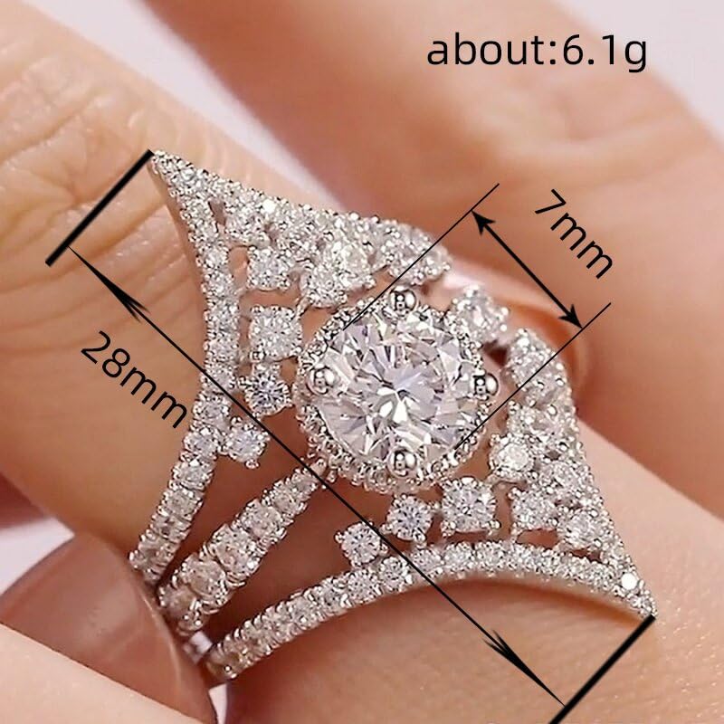 Round Shape Gemstone Cubic Zirconia Wedding Halo Bands for Women CZ V Shape Curved Engagement 925 Sterling Silver Stackable Eternity Bridal Simulated Diamond Anniversary Statement Rings Size 73