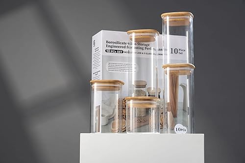 Miniatura 7 de GENICOOK - Juego de recipientes de vidrio de borosilcato con ecológico, almacenamiento de recipientes de cereales, tapas de bambú natural fáciles de