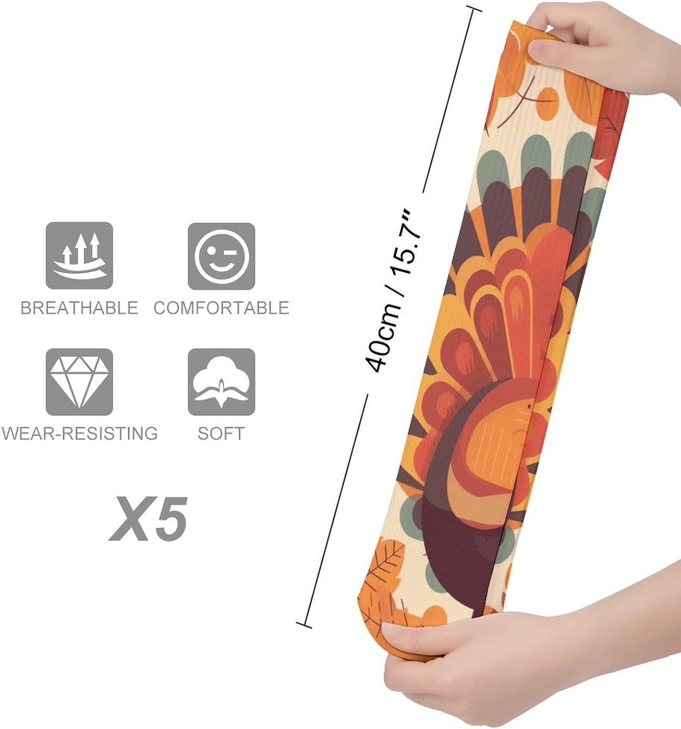 5-Pack Knee High Socks, 15.7 Inch Breathable Casual Socks Turkey in Front of Leaves Stockings for Men Women