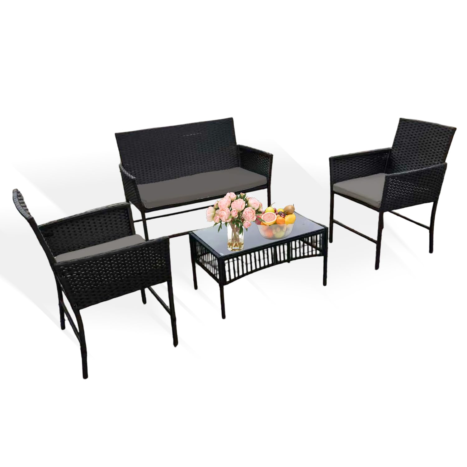 Holywarm Rattan Garden Furniture Set: 4-Piece Outdoor Patio Furniture Set with Table and Chairs, Garden Conversation Bistro Sofa Set for Yard, Pool, or Backyard (Mixed Grey + Dark Grey Cushions)