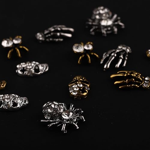 Miniatura 5 de Dijes para uñas de Halloween, diseño de calavera terrorista, gemas de uñas de esqueleto de aleación de lujo 3D, joyería de uñas de araña plateada y