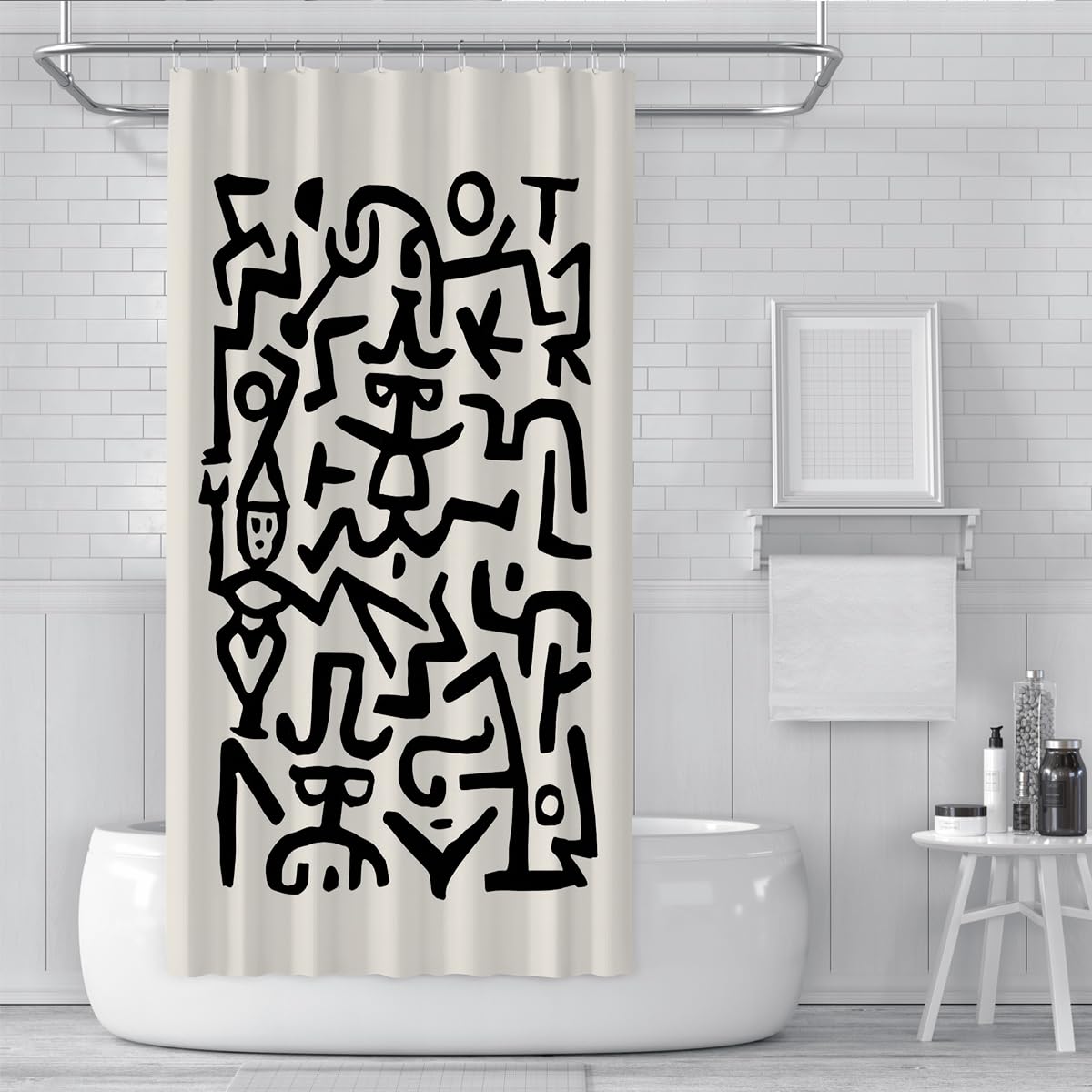 Dessin en Ligne Noir et Blanc Rideaux Douche Figures abstraites & Symboles Décoration Salle Bain Style Urbain Rideau Bain en Tissu Polyester étanche Style Urbain avec Crochets W120xL200 cm