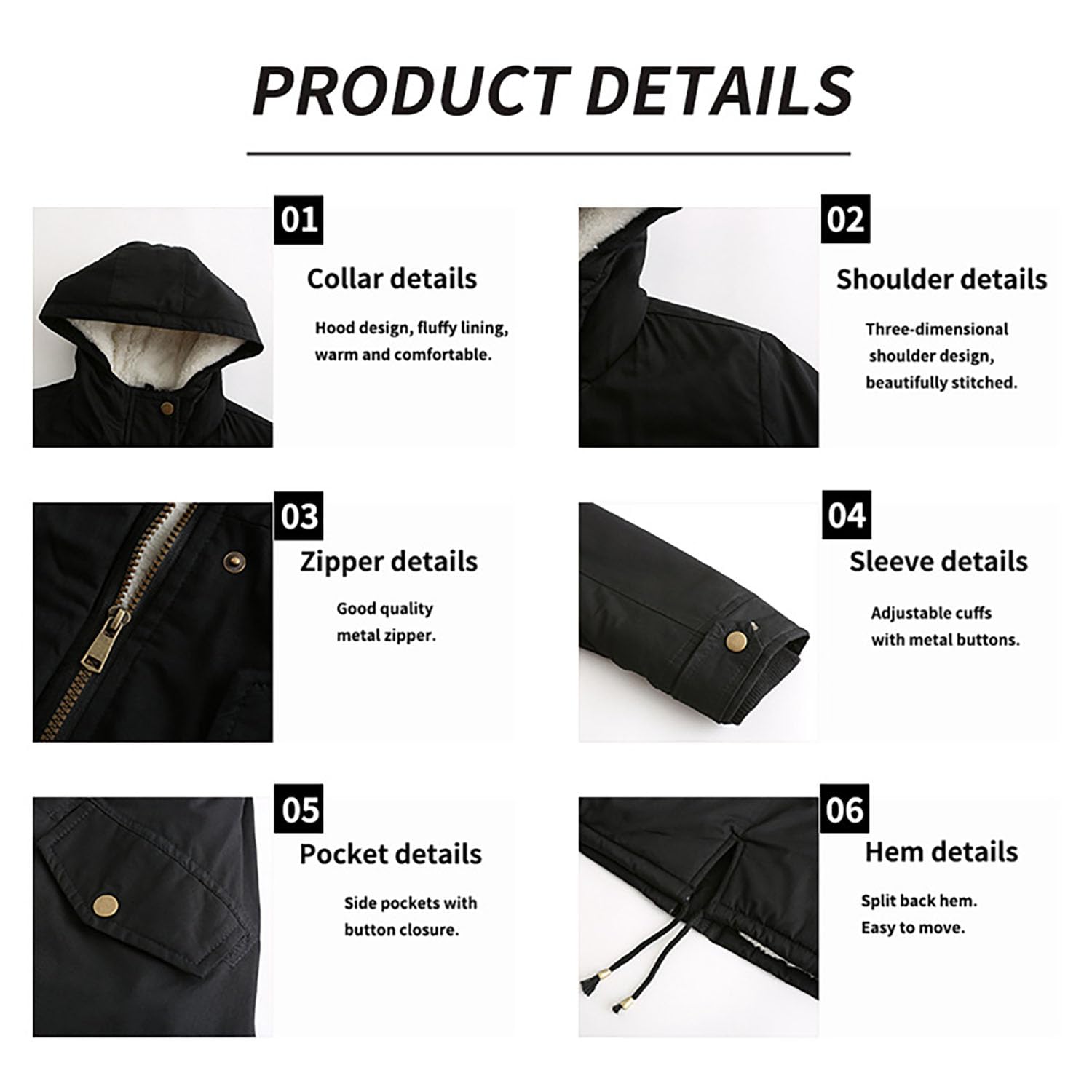 Damen Parka Mantel mit Kapuze Gepolsterte Baumwolljacke Damen Solide Fleece Gefüttert Warme Oberbekleidung für Radfahren, Wandern, Angeln, Bergsteigen,Black,S(Bust:104m)
