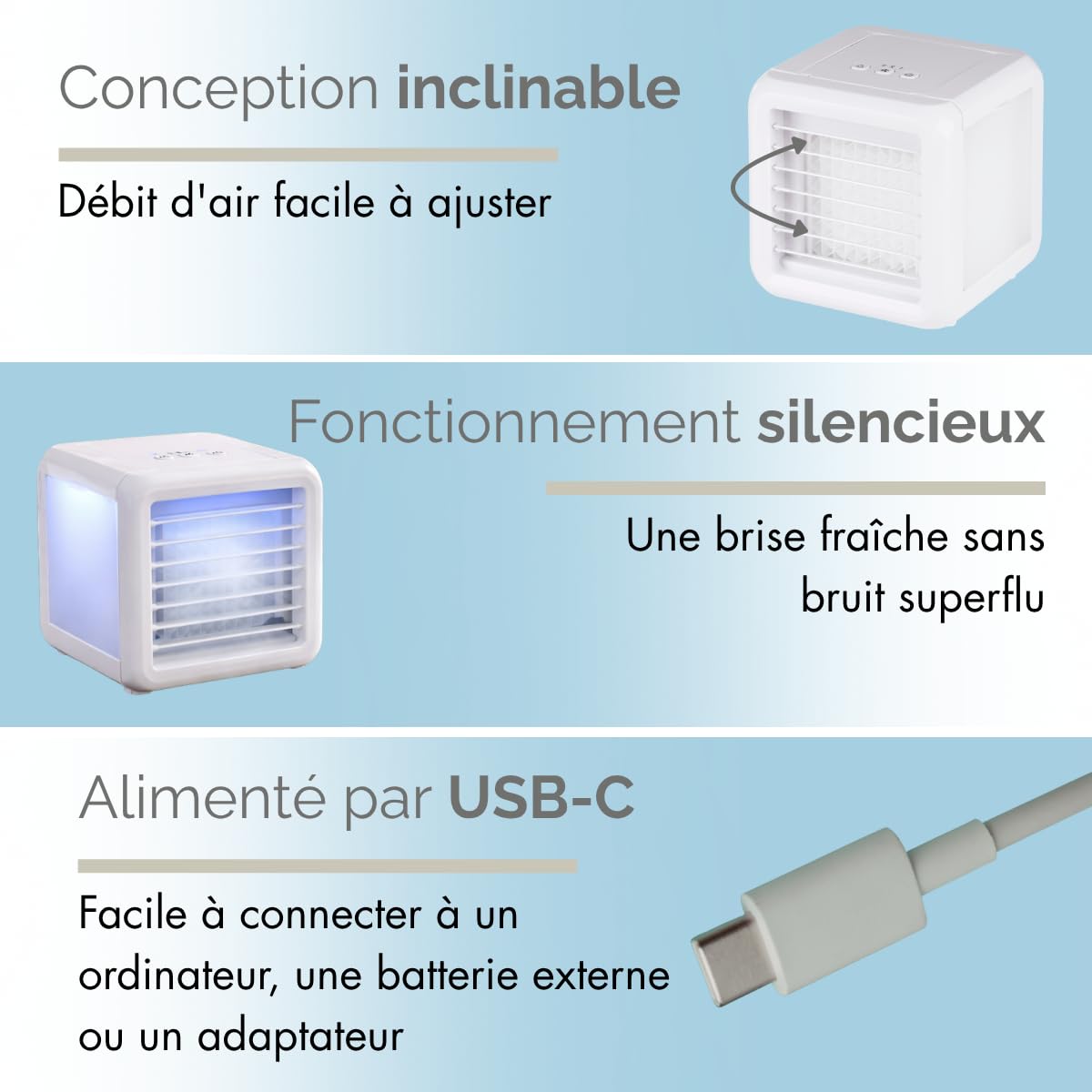 Mini Air Cooler - Climatiseur Mobile sans Évacuation Ventilateur Humidificateur D Air - Rafraichisseur D Air Silencieux 3 Vitesses Maison avec 2 Éléments - 16 x 16 x 16,5 cm