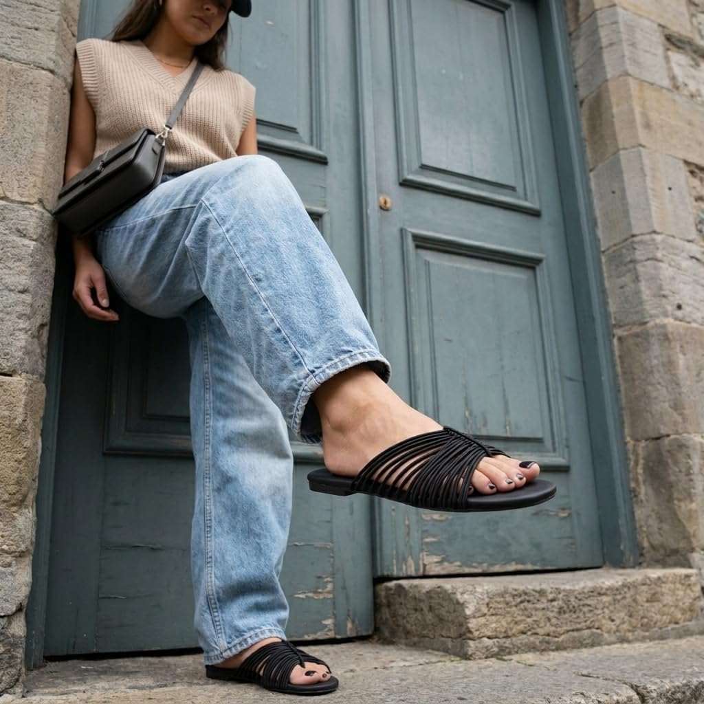 CUSHIONAIRE Lanky Strappy Sandals for Women, Trendy Multi-Strap Square Toe Flat Slide Womens Sandals with Cushioned Footbed image 2